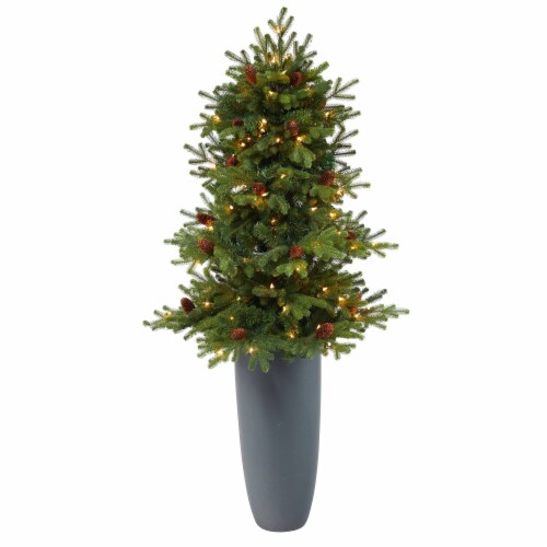 5-in Yukon Fir Xmas Tree with 100 Lights in Gray Planter Perspective: front