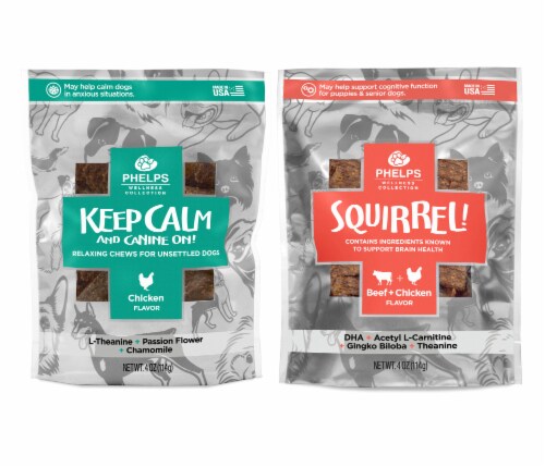 Keep Calm & Canine On and Squirrel Attention Focusing Dog Treats 4.5 oz, Variety Pack Perspective: front