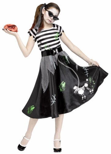 Fun World Black and White Sock Hop Zombie Girls Children Halloween Costume - Medium Perspective: front