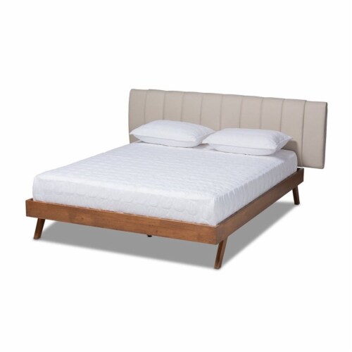 Baxton Studio Brita Upholstered Platform Queen Bed in Light Beige and Walnut Perspective: front