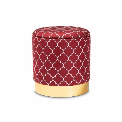 Serra Glam and Luxe Red Quatrefoil Velvet Fabric Upholstered Gold Finished Metal Storage Perspective: front