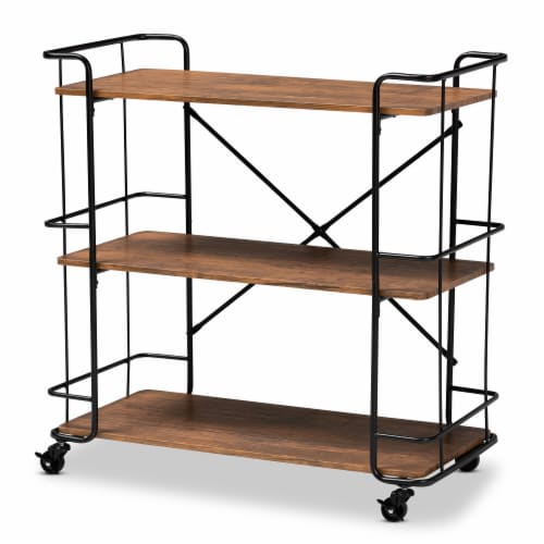 Neal Rustic Industrial Style Black Metal and Walnut Wood Bar and Kitchen Serving Cart Perspective: front
