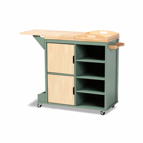 Baxton Studio Dorthy Two-tone Dark Green and Natural Wood Kitchen Cart Perspective: front