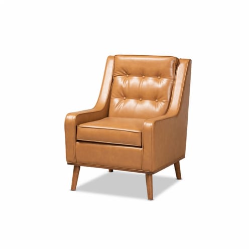 Baxton Studio Daley Tan Faux Leather Walnut Brown Finished Wood Lounge Armchair Perspective: front
