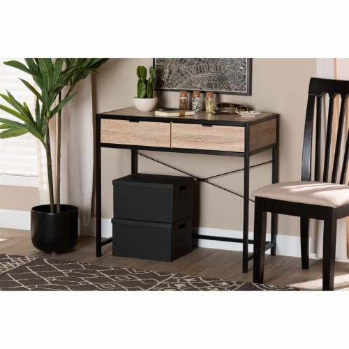 Grayer Industrial Natural Brown Finished Wood And Black Metal 2-Drawer Desk Perspective: front