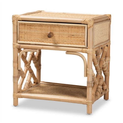 Baxton Studio Camara Modern Bohemian Natural Brown Rattan 1-Drawer Nightstand Perspective: front
