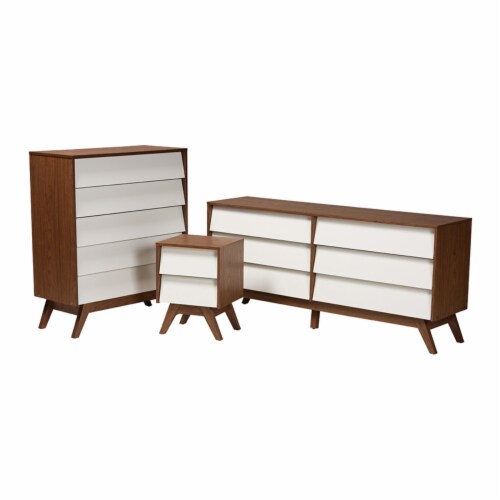 Hildon Mid-Century Modern Two-Tone White and Walnut Brown Finished Wood 3-Piece Storage Set Perspective: front
