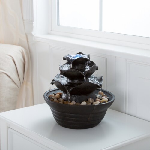 Indoor Water Fountain With LED Lights- Lighted Three Tier Soothing Cascading Tabletop Perspective: front