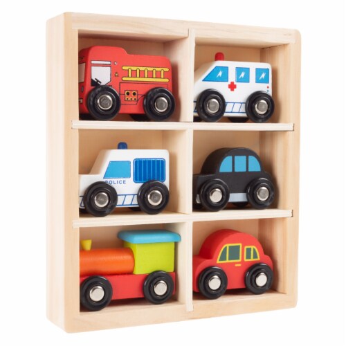 Hey Play Wooden Car Playset 6 Piece Mini Toy Vehicle Set Cars Trucks Train For Ages 3 1 unit Smith s Food and Drug