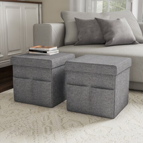 Set of 2 Foot Stool Storage Ottoman Seats Folding with Lids 15 x 15 In with  Pockets, 1 unit - Pick 'n Save