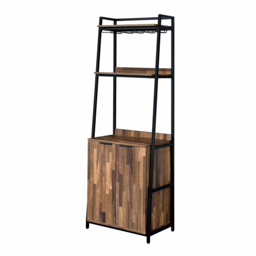 Furniture of America Bimme Rustic Metal 4-Shelf Wine Cabinet in Oak and Black Perspective: front