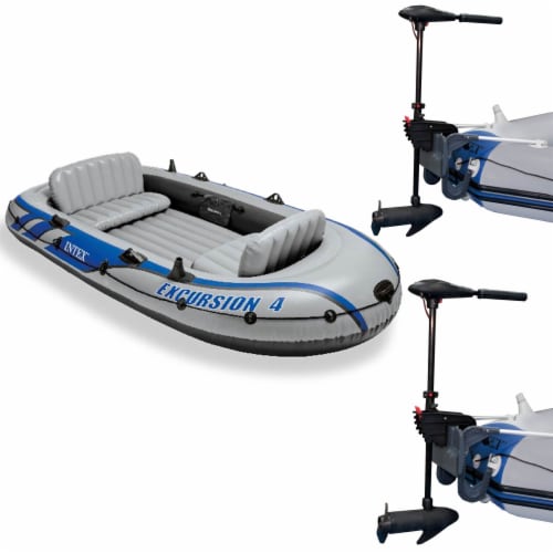 Intex Excursion 4 Inflatable Raft Set w/ 2 Transom Mount 8 Speed Trolling Motors Perspective: front