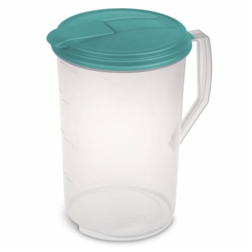 Sterilite 1-Gallon Round Plastic Pitcher and Spout, Clear w/ Color Lid (18 Pack) Perspective: front