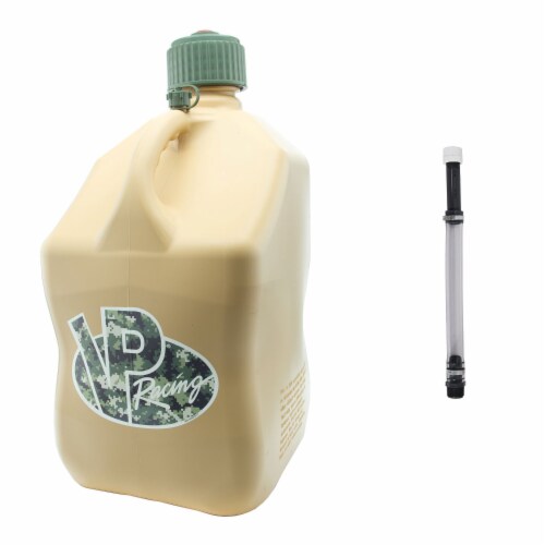 VP Racing Fuels 5.5 Gallon Motorsport Utility Jug and 14 Inch Hose, Tactical Tan Perspective: front