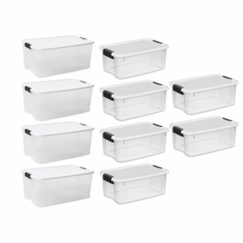 Sterilite 116 Quart Latch Lid Tote, 4 Pack, and 18 Quart Latch Lid Tote, 6 Pack Perspective: front