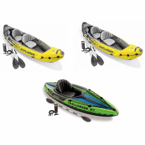 Intex 2-Person Inflatable Kayak w/ Oar & Pump 2 pack & 1-Person Inflatable Kayak Perspective: front