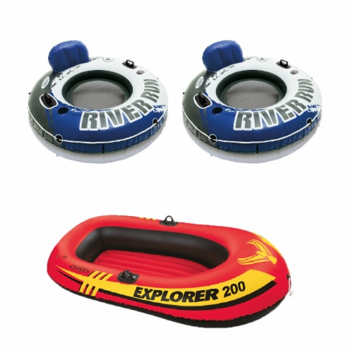 Intex River Run II Inflatable 2 Person Pool Tube Float + 2 Single Water Rafts