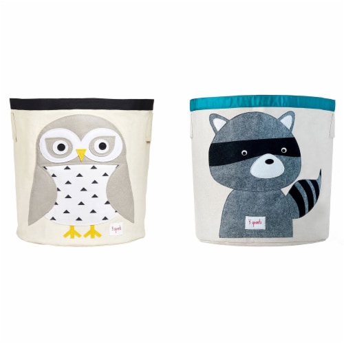 3 Sprouts Canvas Storage Bin and Toy Basket for Baby & Toddlers, Owl & Raccoon Perspective: front