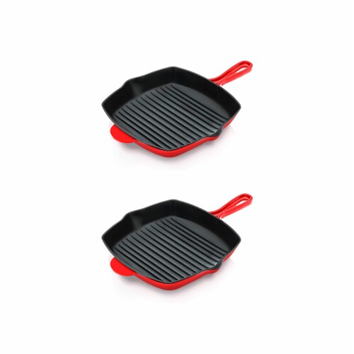 NutriChef 11 Inch Square Cast Iron Skillet with Porcelain Coating, Red (2 Pack) Perspective: front