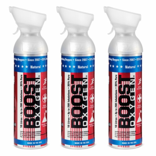 3 Pack 10L Boost Oxygen Stars and Stripes Pure Canned Oxygen Canister, Natural Perspective: front