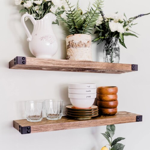 Willow & Grace Dennis 24 Inch Floating Wood Wall Mount Shelves, Walnut (3 Pack) Perspective: front