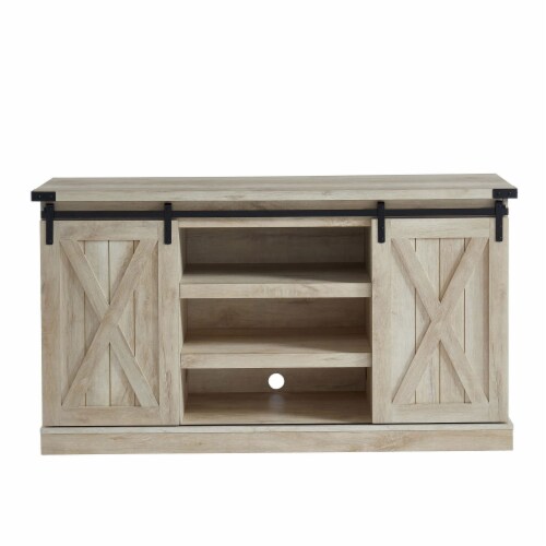 Edyo Living Rustic Farmhouse TV Stand Table with Sliding Barn Doors, White Oak Perspective: front