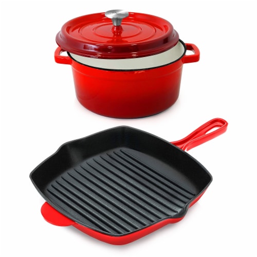 NutriChef 5 Quart Iron Dutch Oven, Red, & 11 Inch Square Cast Iron