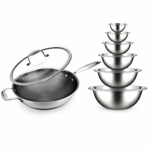 NutriChef Stainless Steel Nonstick Cooking Wok with Food Prep Mixing Bowl Set Perspective: front