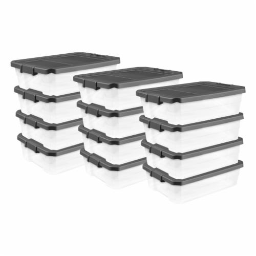 Sterilite 30 qt Clear Plastic Stackable Storage Bin with Grey Latch Lid, 6 Pack