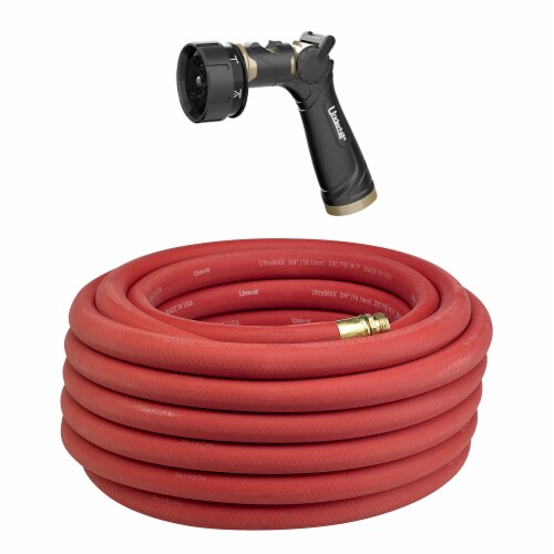Underhill Ultramax Red 50 Foot Garden Hose w/ Proline Master Gold 7 Spray Nozzle Perspective: front