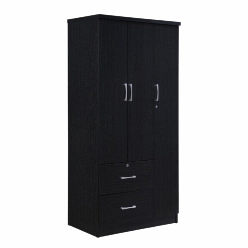 Hodedah Import 3 Door Armoire with Clothing Rod, Shelves, and 2 Drawers, Black Perspective: front