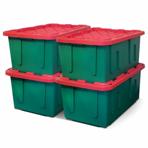 HOMZ Durable 27 Gallon Heavy Duty Holiday Storage Tote, Green/Red