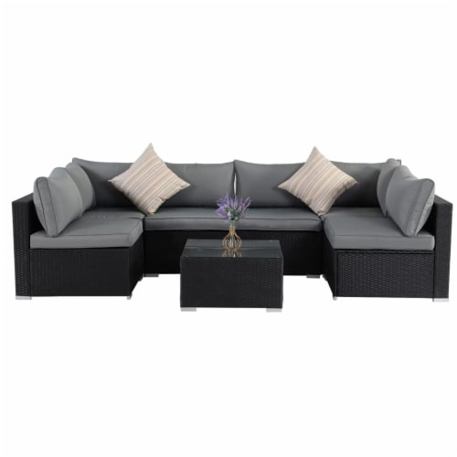 ESSENTIAL LOUNGER Outdoor Furniture Sofa Set w Cushion Glass Table Set of 7 3 Piece King Soopers