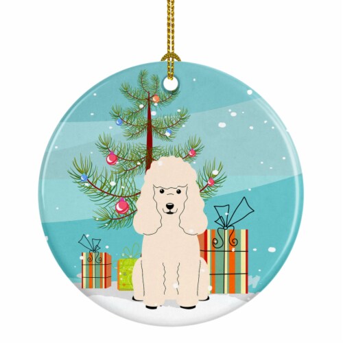 Merry Christmas Tree Poodle White Ceramic Ornament, Perspective: front