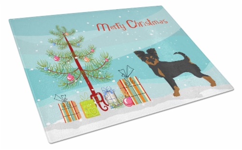 Black and Tan Chion Christmas Tree Glass Cutting Board Large Perspective: front