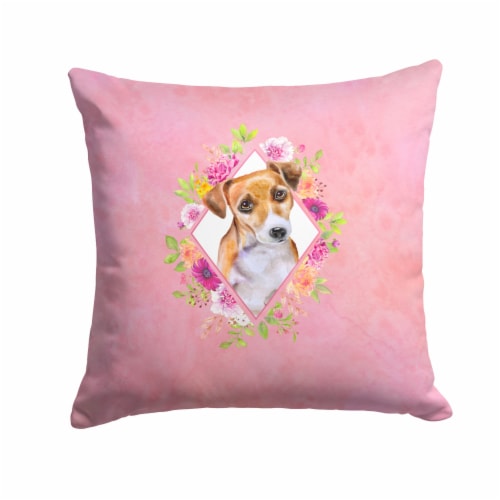 Jack Russell Terrier #1 Pink Flowers Fabric Decorative Pillow Perspective: front