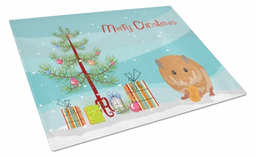 Teddy Bear Hamster Merry Christmas Glass Cutting Board Large Perspective: front