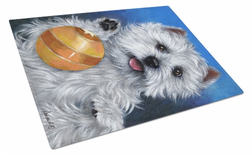 Carolines Treasures PPP3223LCB Westie Play Ball Glass Cutting Board Large Perspective: front