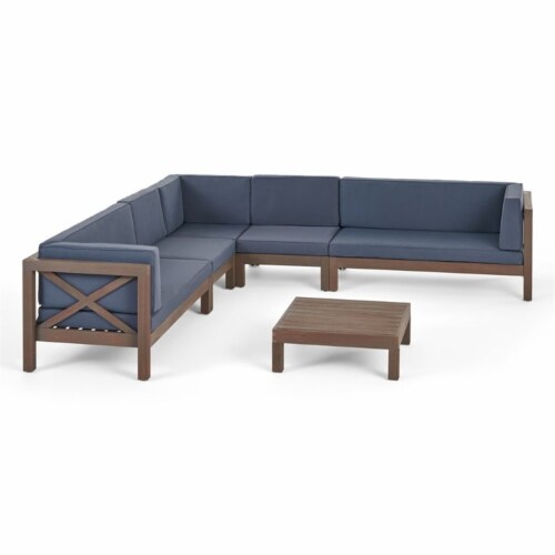 Noble House Brava 6 Piece Outdoor Acacia Wood Sectional Sofa Set in Dark Gray 1 Baker s