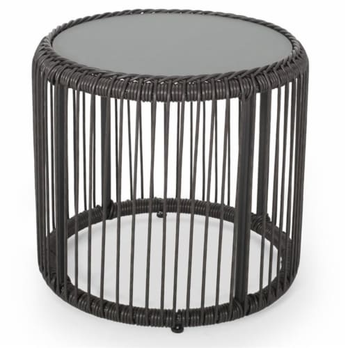 Noble House Pabrico Outdoor Tempered Glass Top Wicker Side Table in Gray Perspective: front