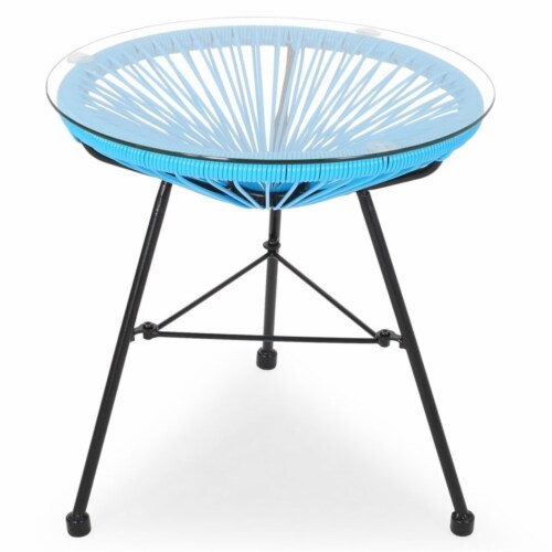 Noble House Nusa Outdoor Tempered Glass Top Faux Rattan Side Table in Blue Perspective: front
