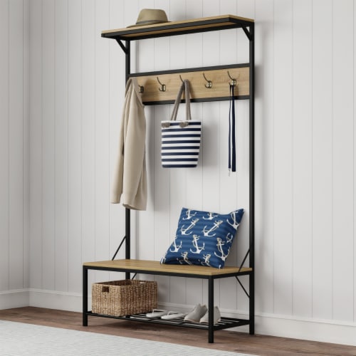 Entryway Storage Bench- Metal Hall Tree with Seat, Coat Hooks and