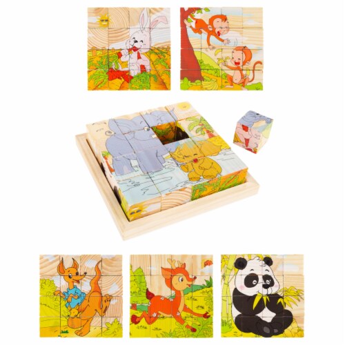 Wooden Baby Toddler Preschool Learning Toy Blocks 6 Picture Zoo Animals