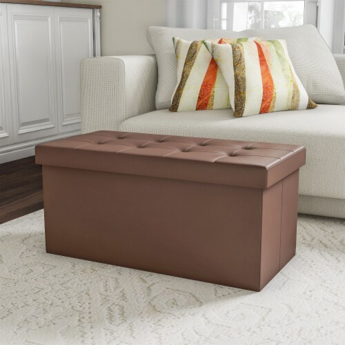 Folding Storage Bench Ottoman Faux Brown Leather-Foam Padded Lid ...