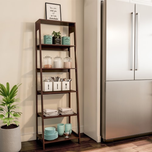 5 Shelf Ladder Bookshelf- Free Standing Wooden Tiered Bookcase Home Office Decor Perspective: front