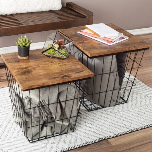 Lavish Home Nesting End Tables Set With Storage Black Metal Wire Basket Wood Tops 1 unit Mariano s