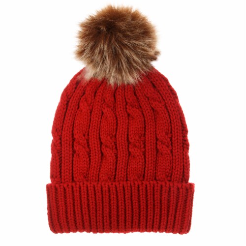 Isotoner­® One Size Cable Knit Red Pom Beanie Perspective: front