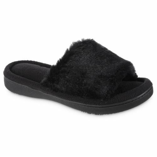 Isotoner Women's Faux Fur Laurel Slide Slippers - Black Perspective: front