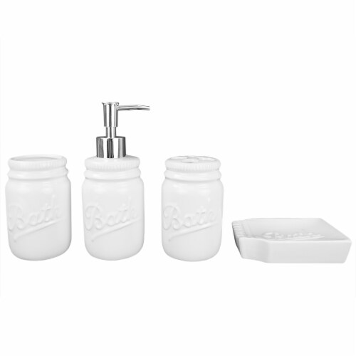 Home Basics 4 Piece Dolomite Mason Jar Bath Set, White Perspective: front