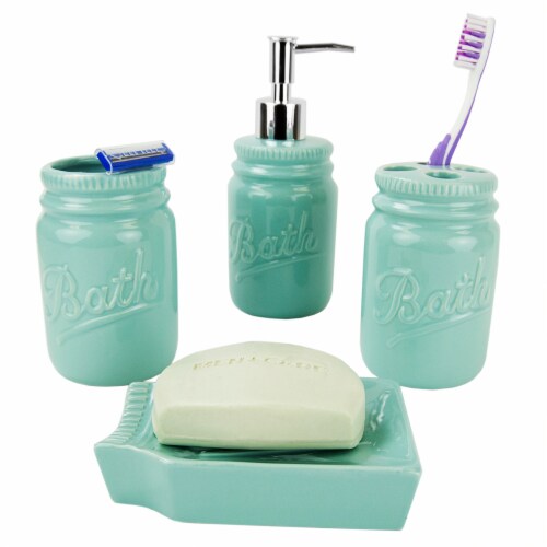 Home Basics 4 Piece Dolomite Mason Jar Bath Set, Mint Perspective: front